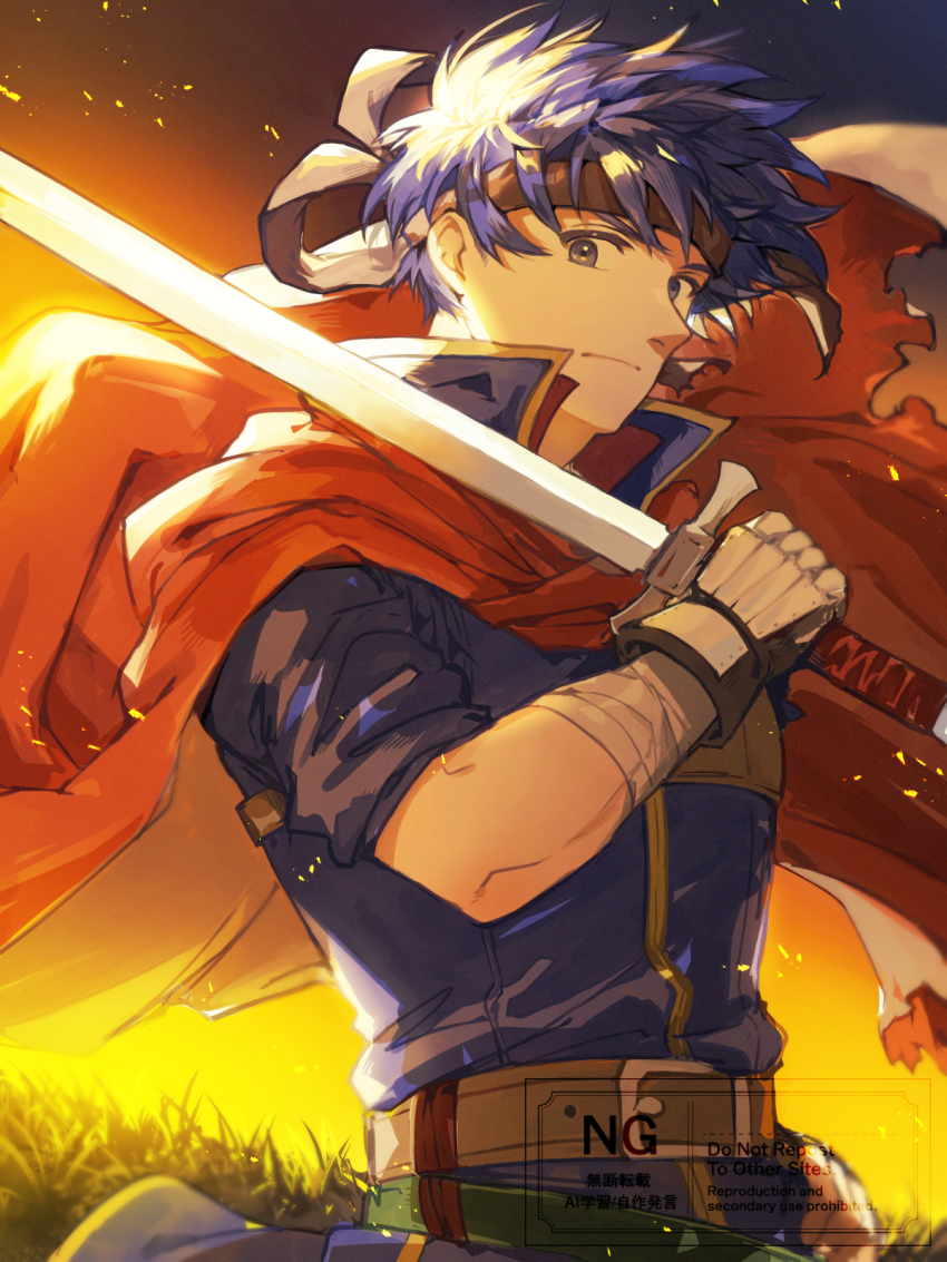 1boy blue_eyes blue_hair cape commentary_request fire_emblem fire_emblem:_path_of_radiance headband highres holding holding_sword holding_weapon ichisumi_s ike_(fire_emblem) male_focus nintendo red_cape short_hair solo sword watermark weapon