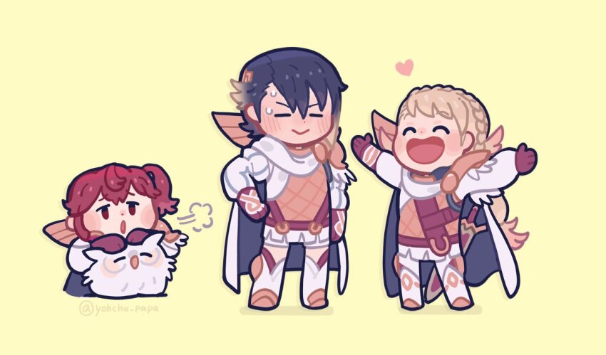 1boy 2girls alfonse_(fire_emblem) anna_(fire_emblem) armor bird blonde_hair blue_hair blush cape chibi chibi_only closed_eyes embarrassed feh_(fire_emblem_heroes) fire_emblem fire_emblem_heroes gloves hair_ornament heart long_hair multiple_girls mushi_rags nervous nintendo open_mouth red_eyes red_hair scale_armor sharena_(fire_emblem) short_hair simple_background smile sweat sweatdrop