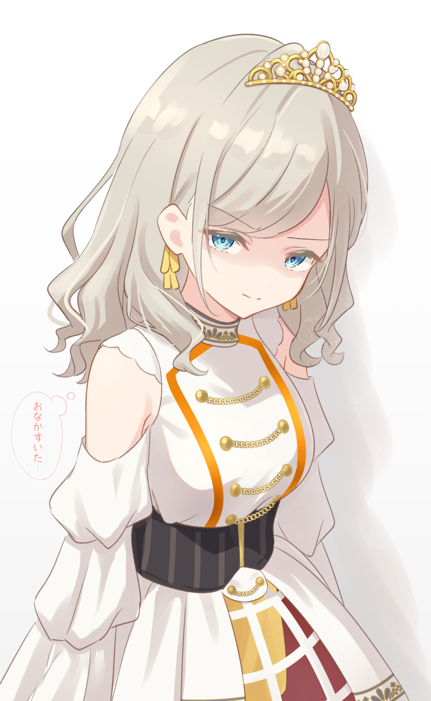 1girl absurdres armpit_crease bare_shoulders breasts buttons ceras_yanagida_lilienfeld clothing_cutout colored_speech_bubble commentary_request cowboy_shot crinoline double-breasted dress edelied glaring gold_tiara grey_hair hair_ribbon hanazora_satsuki highres large_breasts link!_like!_love_live! long_hair love_live! official_alternate_costume ribbon shaded_face shoulder_cutout simple_background solo speech_bubble thought_bubble translation_request underbust v-shaped_eyebrows virtual_youtuber wavy_hair white_background white_dress yellow_ribbon