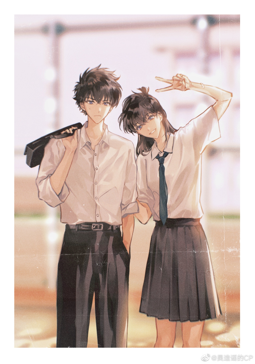 1boy 1girl arm_up bag belt belt_buckle black_belt black_hair black_pants black_skirt blue_eyes blue_necktie blurry blurry_background brown_hair buckle chinese_commentary closed_mouth collared_shirt dress_shirt genderswap genderswap_(mtf) hair_between_eyes hand_in_pocket haoriday highres holding holding_bag kudou_shin&#039;ichi kuroba_kaito long_hair looking_at_viewer magic_kaito meitantei_conan necktie outdoors pants pleated_skirt school_bag school_uniform shirt shirt_tucked_in short_hair short_sleeves skirt sleeves_rolled_up smile standing v watermark weibo_watermark white_shirt