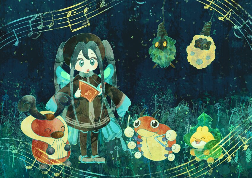 1girl absurdres baemusae black_dress black_headwear black_pantyhose blue_eyes blue_hair blue_wings book bug_miku_(project_voltage) burmy burmy_(plant) burmy_(sandy) butterfly_wings dress fake_wings full_body gen_4_pokemon gen_5_pokemon grass grey_footwear hat hatsune_miku highres holding holding_book insect_wings instrument kricketot kricketune long_hair long_sleeves music musical_note night night_sky nintendo open_mouth outdoors pantyhose pokemon pokemon_(creature) project_voltage sewaddle shoes sky smile standing star_(sky) starry_sky triangle_(instrument) twintails very_long_hair vocaloid wings