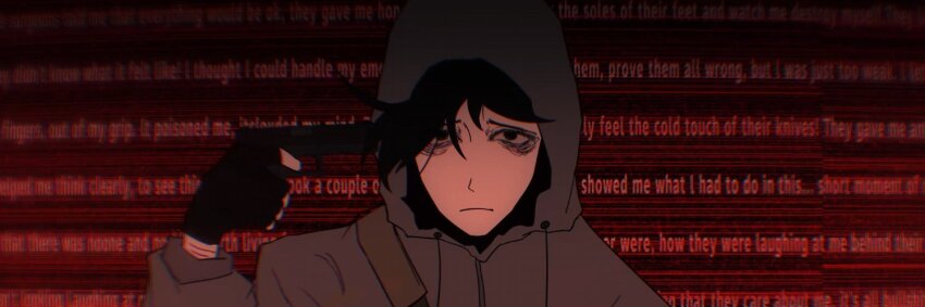 1boy bags_under_eyes black_eyes black_gloves black_hair cry_of_fear exhausted fingerless_gloves gloves gradient_background grey_hoodie gun gun_to_head holding holding_gun holding_weapon hood hood_up hoodie imminent_suicide light_frown looking_at_viewer male_focus multiple_scars scar scar_on_arm short_hair simon_henriksson solo text_background tixizi upper_body weapon wrist_cutting
