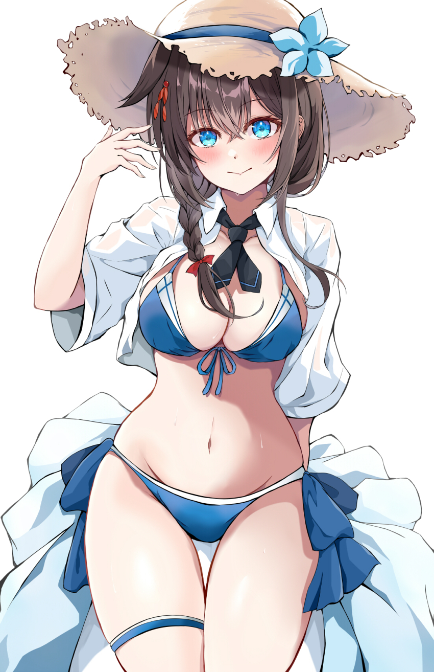 1girl bikini blue_bikini blue_eyes blush braid breasts brown_hair brown_hat cleavage cowboy_shot dairyo3 flower front-tie_bikini_top front-tie_top hair_between_eyes hair_flaps hair_over_shoulder hat hat_flower highres kantai_collection long_hair medium_breasts official_alternate_costume open_clothes open_shirt shigure_(kancolle) shigure_kai_san_(kancolle) shigure_kai_san_(swimsuit)_(kancolle) single_braid solo straw_hat sun_hat swimsuit thigh_strap
