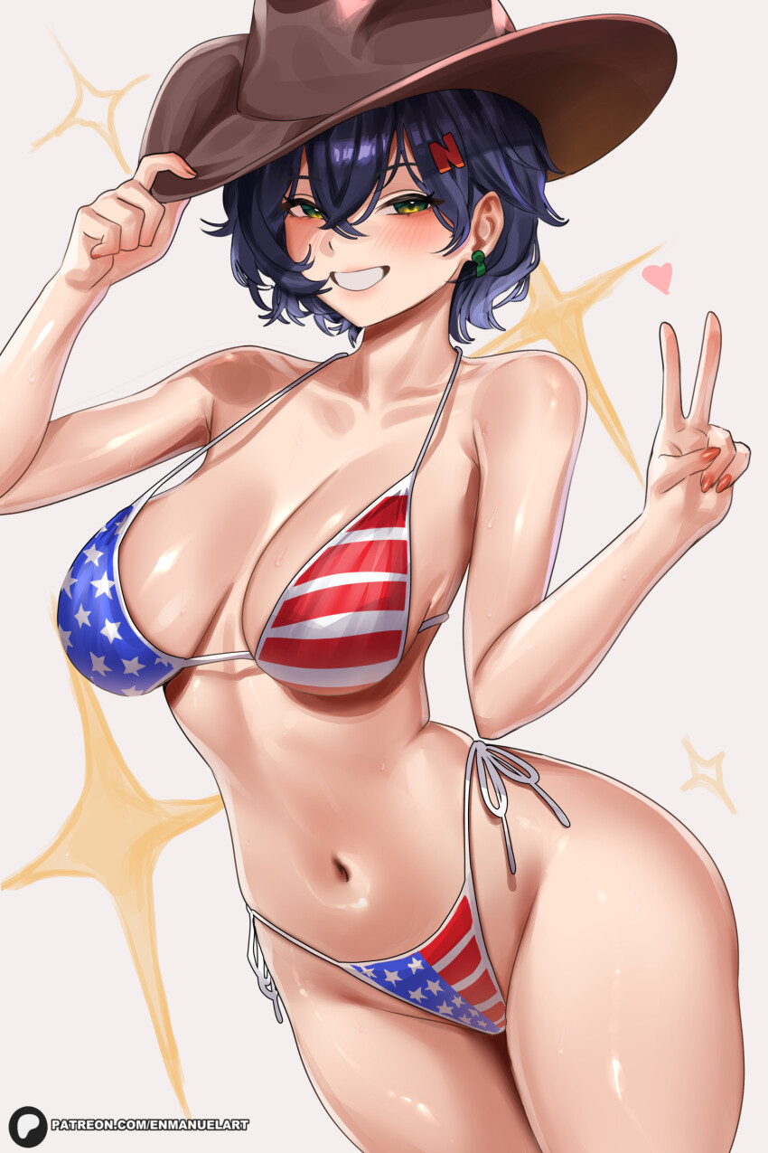 1girl absurdres alternate_costume american_flag american_flag_bikini american_flag_print belle_(zenless_zone_zero) bikini blue_hair breasts commentary cowboy_hat crossed_bangs curvy enma_(enmanuelart) flag_print flag_print_bikini green_eyes grin hair_between_eyes hair_ornament hand_on_own_hat hat highleg highleg_bikini highres large_breasts letter_hair_ornament looking_at_viewer naughty_face navel print_bikini shiny_skin short_hair side-tie_bikini_bottom simple_background smile swimsuit symbol-only_commentary thong thong_bikini v wide_hips zenless_zone_zero