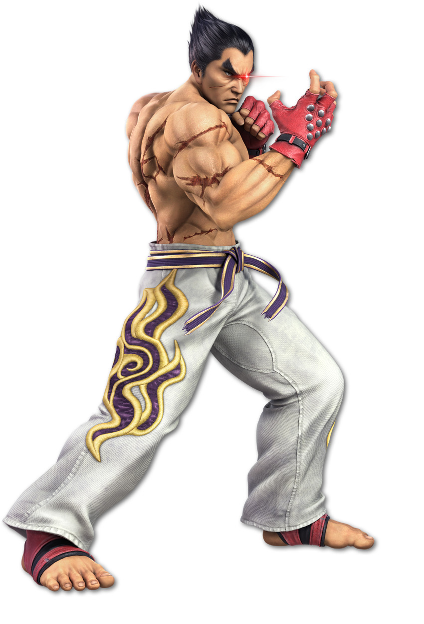 1boy 3d artist_request bad_tag belt black_eyes black_hair clenched_hand closed_mouth crossover feet fighting_stance fingerless_gloves flame_print forehead from_side full_body gloves glowing glowing_eye hands_up heterochromia highres legs_apart male_focus mishima_kazuya muscular muscular_male namco nintendo official_art pants red_eyes red_gloves red_legwear scar scar_on_arm scar_on_back scar_on_face short_hair simple_background solo standing stirrup_legwear super_smash_bros. tekken tekken_2 thick_eyebrows toeless_legwear topless_male transparent_background white_pants