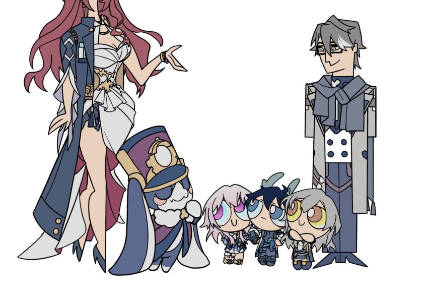 1boy animal_ears black-framed_eyewear breasts chinese_commentary cleavage closed_eyes closed_mouth commentary_request dan_heng_(honkai:_star_rail) dan_heng_(imbibitor_lunae)_(honkai:_star_rail) dress full_body glasses grey_hair grey_jacket hair_between_eyes highres himeko_(honkai:_star_rail) honkai:_star_rail honkai_(series) horns jacket long_hair long_sleeves looking_at_another lop_rabbit_ears march_7th_(honkai:_star_rail) multicolored_eyes pants parody pink_hair pleated_skirt pom-pom_(honkai:_star_rail) powerpuff_girls qianli73852 rabbit_ears red_hair scene_reference shirt simple_background skirt smile standing stelle_(honkai:_star_rail) style_parody tall_female trailblazer_(honkai:_star_rail) two-tone_eyes welt_yang white_background