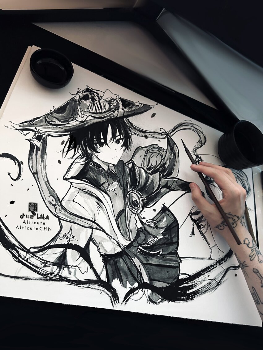1boy alticute arm_on_knee arms_at_sides art_tools_in_frame artist&#039;s_hand_in_frame artist_name bilibili_logo blunt_ends bodysuit bow calligraphy_brush_(medium) cape closed_mouth cropped_arm cropped_legs expressionless feathers gem genshin_impact greyscale hair_between_eyes hakama hakama_shorts hat highres japanese_clothes jingasa kimono leg_warmers looking_at_viewer lying male_focus mandarin_collar monochrome on_side open_clothes open_kimono photo_(medium) pleated_shorts pom_pom_(clothes) scaramouche_(genshin_impact) short_hair short_sleeves shorts sketch solo tiktok_logo traditional_media tsurime vision_(genshin_impact) wanderer_(genshin_impact)
