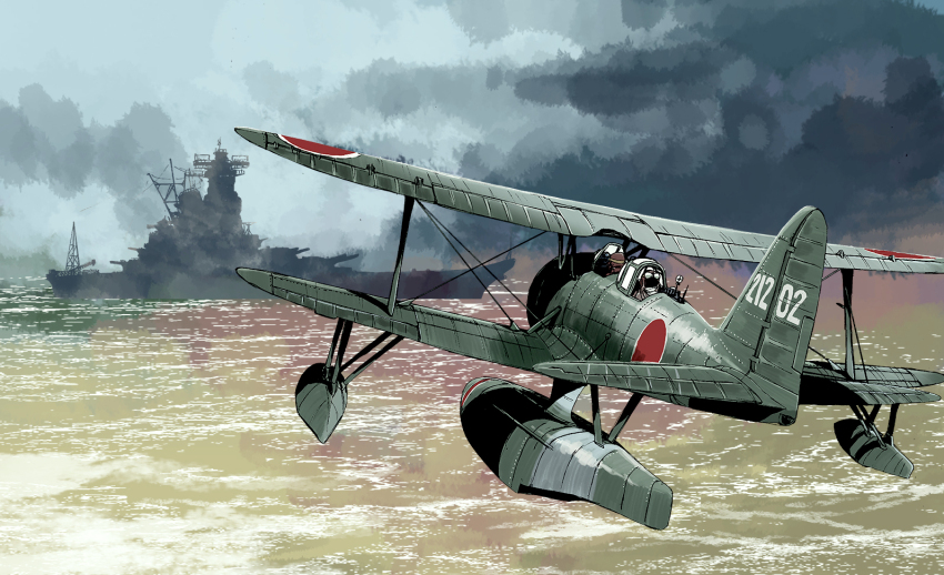 2boys aircraft airplane aviator_sunglasses battleship biplane cloud cloudy_sky crane_(machine) imperial_japanese_navy matsuda_juukou military military_vehicle mitsubishi_f1m_pete multiple_boys ocean original outdoors revision seascape ship silhouette sky smokestack sunglasses vehicle_focus warship watercraft waves yamato_(battleship)
