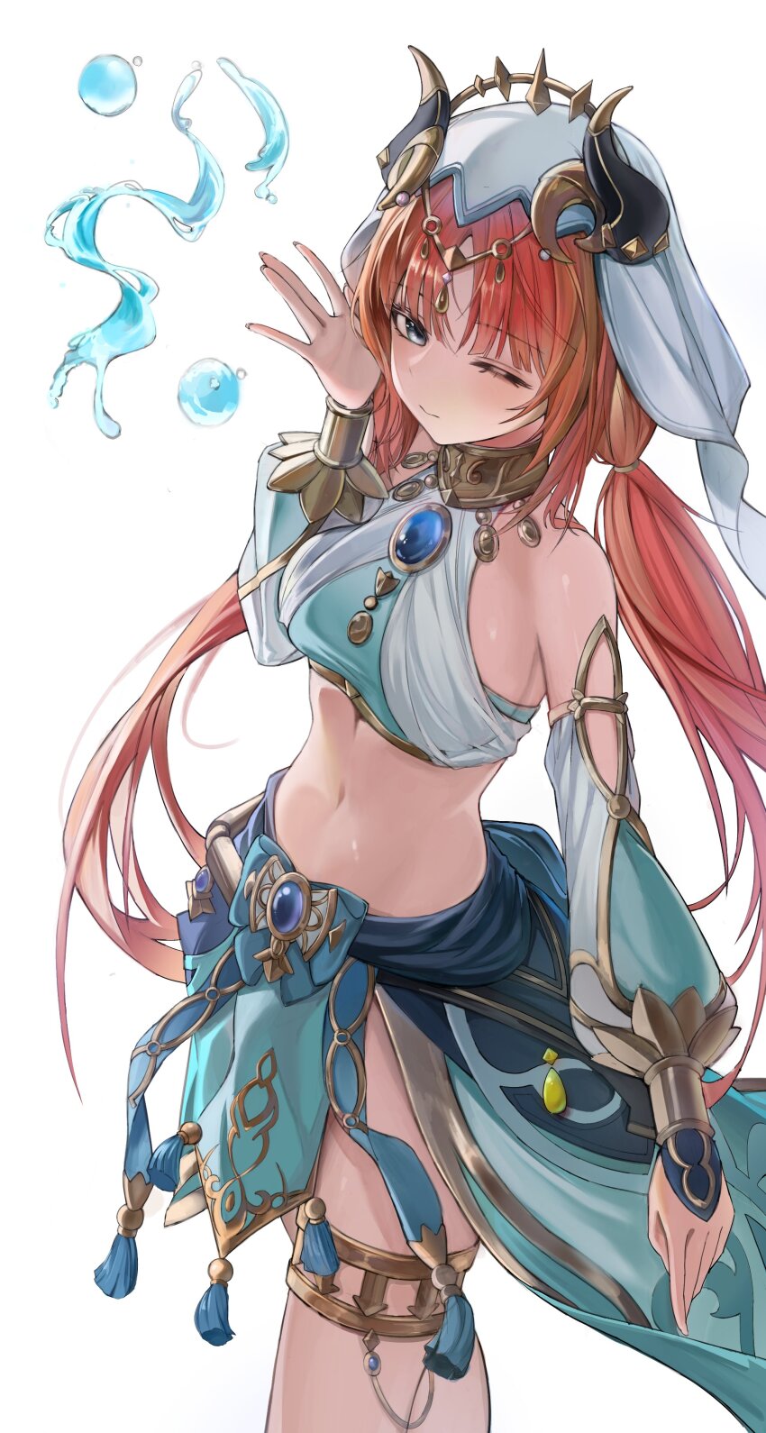 1girl absurdres blue_eyes blue_gemstone blue_skirt blush breasts circlet closed_mouth commentary crop_top deokgi_(hongdeosgi) detached_sleeves fake_horns gem genshin_impact gold_trim hand_up highres horns jewelry long_hair long_sleeves looking_at_viewer medium_breasts navel nilou_(genshin_impact) one_eye_closed puffy_long_sleeves puffy_sleeves red_hair simple_background skirt solo stomach thighlet veil very_long_hair water white_background white_veil