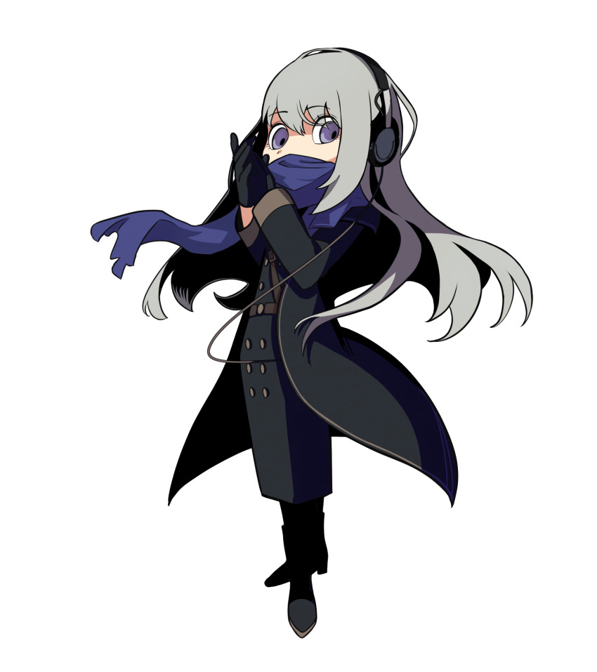 1girl ankle_boots bkornblume black_boots black_coat black_dress black_gloves black_pantyhose blue_eyes blue_scarf boots coat covered_mouth deformed dress floating_hair full_body gloves grey_hair hands_up headphones highres long_dress long_hair looking_at_viewer pantyhose reverse:1999 scarf scarf_over_mouth solo standing thiepriest white_background