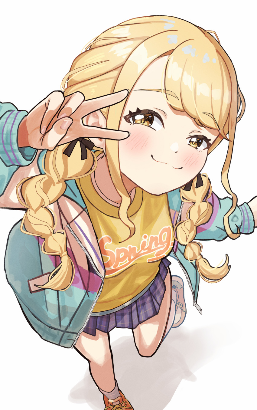1girl absurdres black_ribbon blonde_hair blue_skirt blush braid commentary_request french_braided_twintails fujita_kotone gakuen_idolmaster gimi_00 hair_ribbon highres idolmaster jacket long_hair looking_at_viewer miniskirt multicolored_jacket open_clothes open_jacket plaid_clothes plaid_skirt ribbon shirt skirt smile solo standing standing_on_one_leg twin_braids v v_over_eye yellow_eyes yellow_shirt