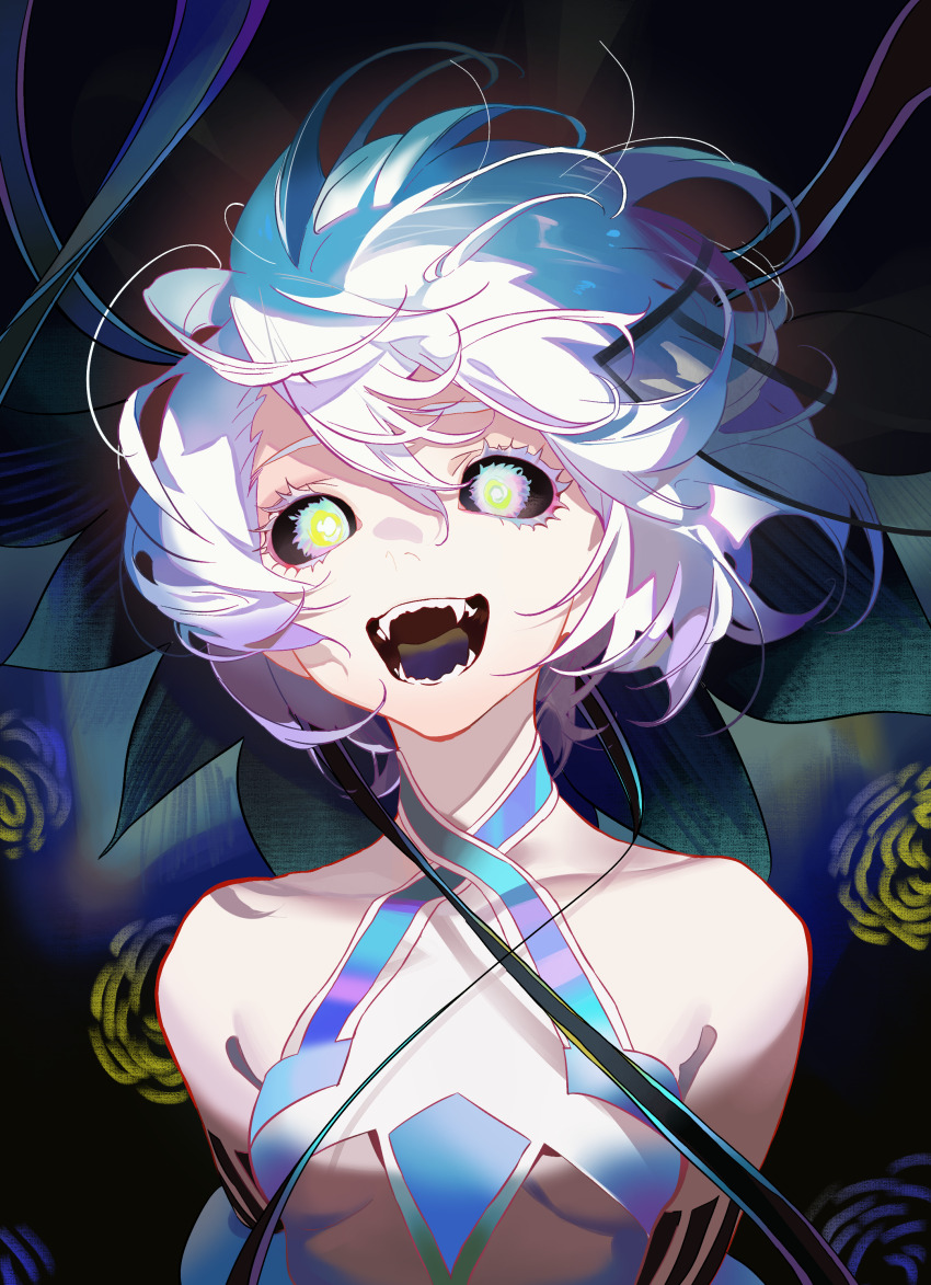 1girl absurdres black_sclera breasts cherrymaru colored_sclera colored_skin fate/grand_order fate_(series) glowing glowing_eyes highres looking_at_viewer open_mouth short_hair small_breasts smile solo van_gogh_(fate) van_gogh_(third_ascension)_(fate) white_eyes white_hair white_skin
