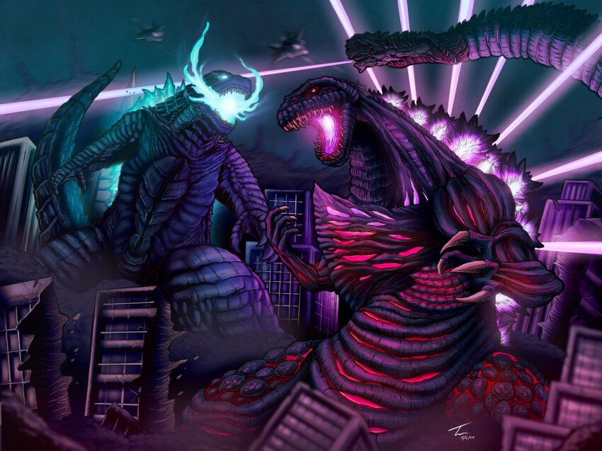 aircraft airplane atomic_breath blue_eyes breath_weapon building city destruction dinosaur energy energy_beam extra_mouth fighter_jet giant giant_monster glowing glowing_eyes glowing_mouth glowing_spikes godzilla godzilla:_king_of_the_monsters godzilla_(series) godzilla_(shin) highres kaiju legendary_pictures military military_vehicle monster monsterverse mouth_beam multiple_heads night no_humans no_pupils plasma plasma_beam purple_eyes sea_monster shin_godzilla skyscraper spike_beam spikes tail tail_beam tail_head thomdotartz toho
