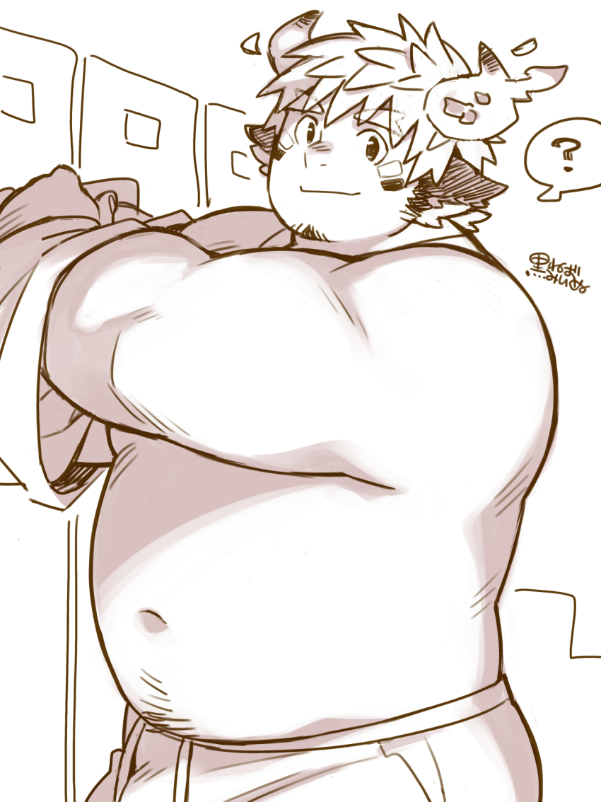 1boy ? animal_ears bara beard_stubble belly biceps closed_mouth commentary_request cow_ears facial_hair facial_mark fat fat_man fiery_horns highres horns kuro_nezumi_inu locker locker_room looking_at_viewer male_focus navel pants single_horn smile speech_bubble spoken_question_mark stubble tokyo_houkago_summoners topless_male track_pants undressing wakan_tanka