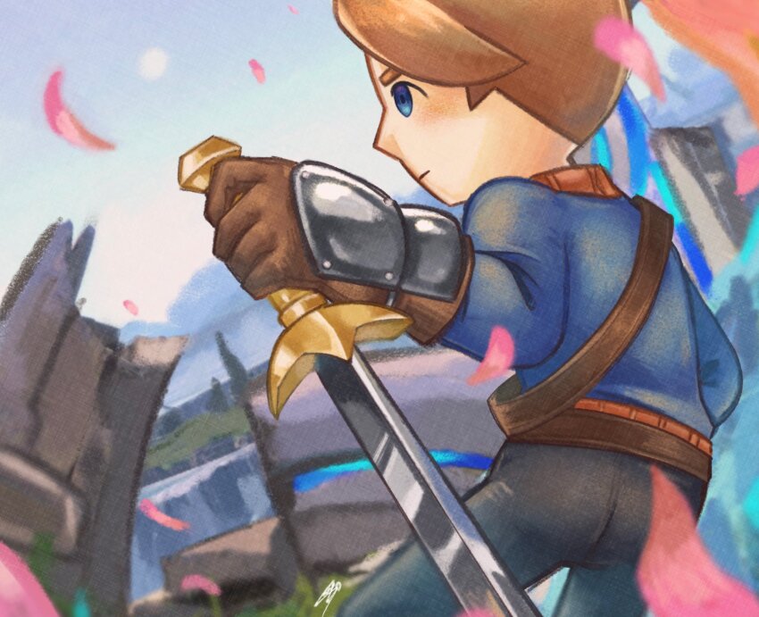 1boy armor belt blue_eyes blush brown_gloves brown_hair closed_mouth cloud day falling_petals gloves highres holding holding_sword holding_weapon looking_at_viewer male_focus mii_(nintendo) mii_swordfighter mii_swordfighter_(smash_4) nintendo nyo02921978 outdoors pants petals shirt short_hair signature sky solo super_smash_bros. sword tree weapon