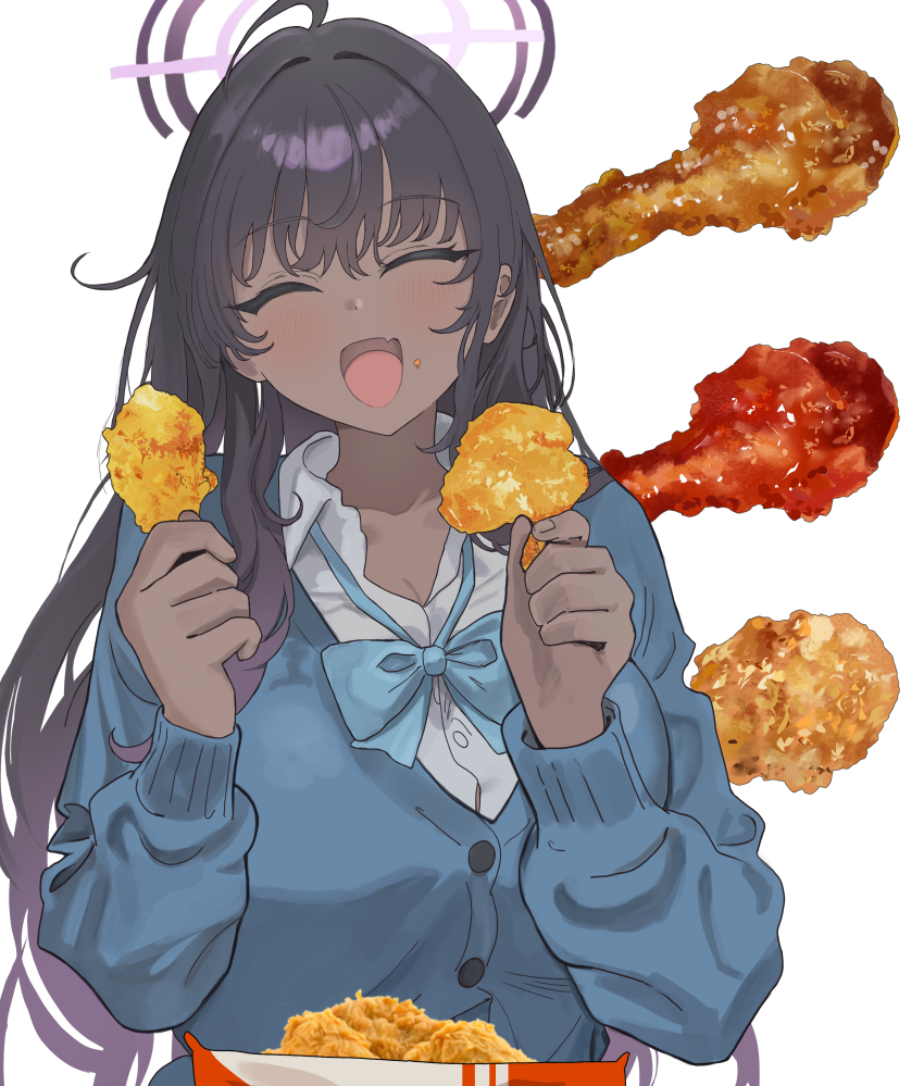 1girl absurdres black_hair blue_archive blue_bow blue_bowtie blue_cardigan bow bowtie breasts cardigan chicken_wing cleavage closed_eyes collared_shirt commentary dark-skinned_female dark_skin english_commentary facing_viewer fang food food-themed_background food_on_face gradient_hair hair_over_shoulder halo hands_up highres holding holding_food karin_(blue_archive) karin_(school_uniform)_(blue_archive) light_blush long_sleeves multicolored_hair open_mouth photo_inset purple_hair purple_halo shirt signallerc skin_fang smile solo upper_body white_background white_shirt