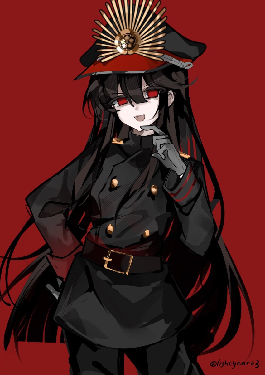 belt black_belt black_hair black_hat black_pants black_shirt crest family_crest fate/grand_order fate_(series) hat highres koha-ace long_hair military_uniform oda_nobunaga_(fate) pants red_eyes shirt twitter_username xixing_chun