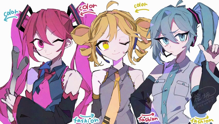 3girls absurdres ahoge akita_neru aqua_eyes aqua_hair artist_name bare_shoulders blonde_hair breast_pocket closed_mouth collared_shirt cosplay costume_switch detached_sleeves drill_hair food frown grey_shirt hair_color_switch hand_up hatsune_miku headphones headset highres hinoki_(yesfish1117) holding holding_food kasane_teto long_hair looking_at_viewer multiple_girls necktie one_eye_closed pocket red_eyes shirt short_hair side_ponytail sleeveless sleeveless_shirt smile spring_onion twin_drills twintails twitter_username upper_body utau v-shaped_eyebrows vocaloid watermark white_background yellow_eyes