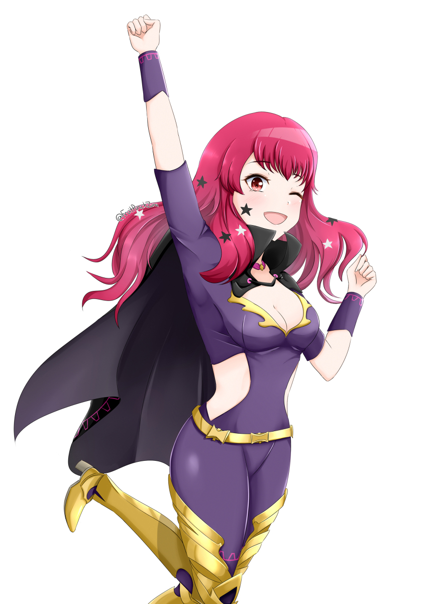 1girl absurdres belt black_cape bodysuit breasts cape choker cleavage clothing_cutout facial_mark fire_emblem fire_emblem_engage fruitpunchzura gold_belt hair_ornament highres medium_breasts nintendo pink_choker purple_bodysuit red_hair side_cutout solo star_(symbol) star_facial_mark star_hair_ornament two-tone_cape yellow_belt yunaka_(fire_emblem)
