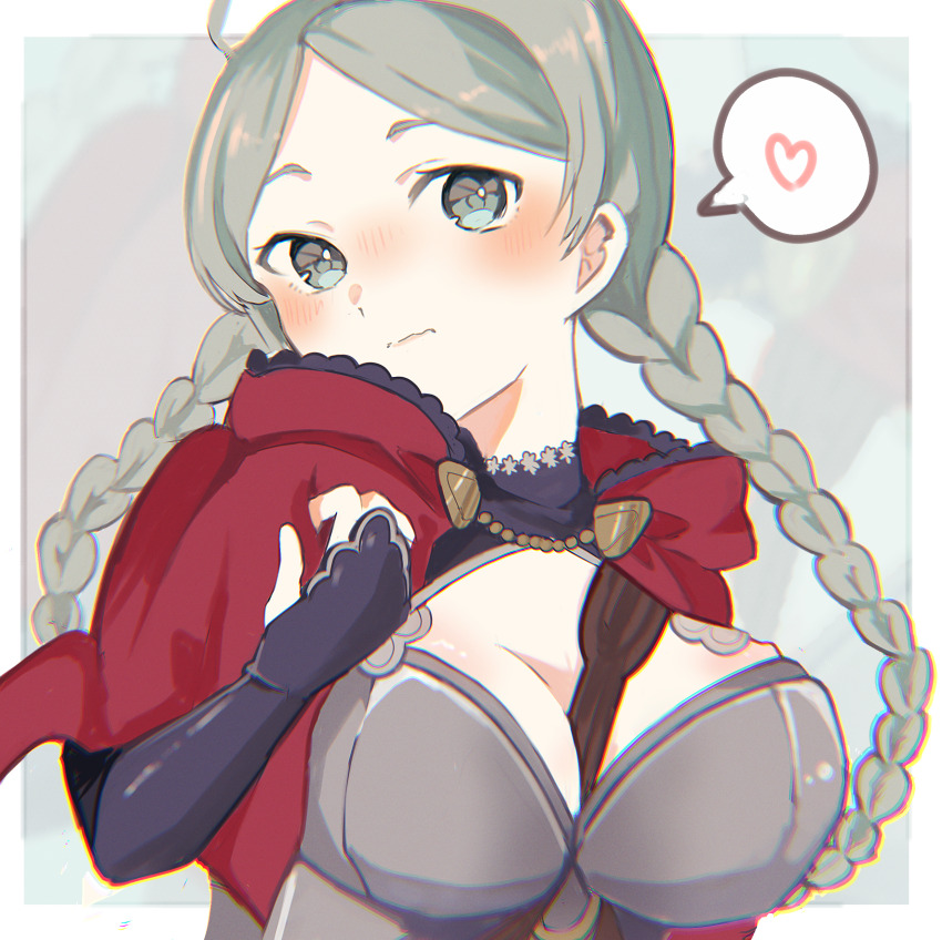 1girl absurdres ahoge black_bridal_gauntlets blue_eyes braid breasts bridal_gauntlets capelet cleavage commission fire_emblem fire_emblem_fates flan_chan harness heart highres hood hooded_capelet large_breasts long_hair looking_at_viewer low_twin_braids nina_(fire_emblem) nintendo non-web_source o-ring o-ring_harness parted_bangs red_hood skeb_commission solo spoken_heart twin_braids twintails