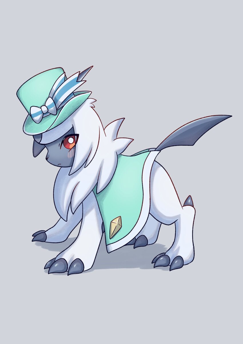 absol absol_(fashionable) animal animal_focus closed_mouth gen_3_pokemon hat highres horns nintendo no_humans pokemon pokemon_(creature) pokemon_unite red_eyes single_horn soruva_359 standing white_hair