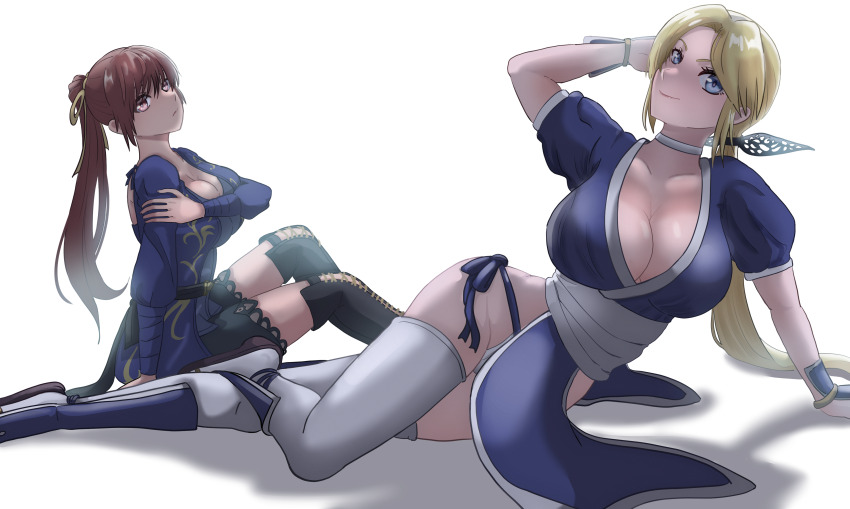 2girls absurdres arm_support blonde_hair blue_eyes breasts brown_eyes brown_hair choker cleavage commentary cosplay costume_switch dead_or_alive dress english_commentary female_focus fundoshi helena_douglas helena_douglas_(cosplay) high_ponytail highres japanese_clothes kasumi_(doa) kasumi_(doa)_(cosplay) large_breasts long_hair looking_at_viewer lying matching_hair/eyes multiple_girls musuhi obi on_side pelvic_curtain ponytail sash shadow sidelocks simple_background sitting smile team_ninja tecmo thighhighs white_background white_choker white_thighhighs wide_hips