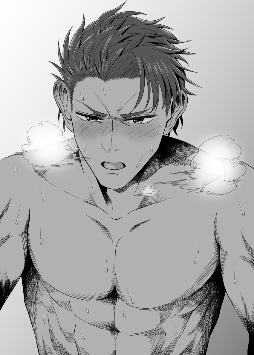 1boy abs collarbone commentary_request fate/grand_order fate_(series) heavy_breathing highres irokawa_iku lancelot_(fate/grand_order) male_focus monochrome muscular muscular_male open_mouth solo sweat upper_body