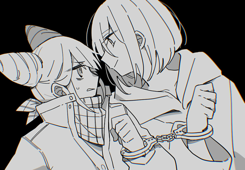 2girls black_background cetacea_kw commentary_request cone_hair_bun cuffs double_bun eye_contact face-to-face hair_between_eyes hair_bun hand_up handcuffs hood hood_down jacket kisaragi_ayumi long_sleeves looking_at_another multiple_girls profile restrained scarf short_hair simple_background smile spoilers sweatdrop jasmine_(toshi_densetsu_kaitai_center) toshi_densetsu_kaitai_center upper_body