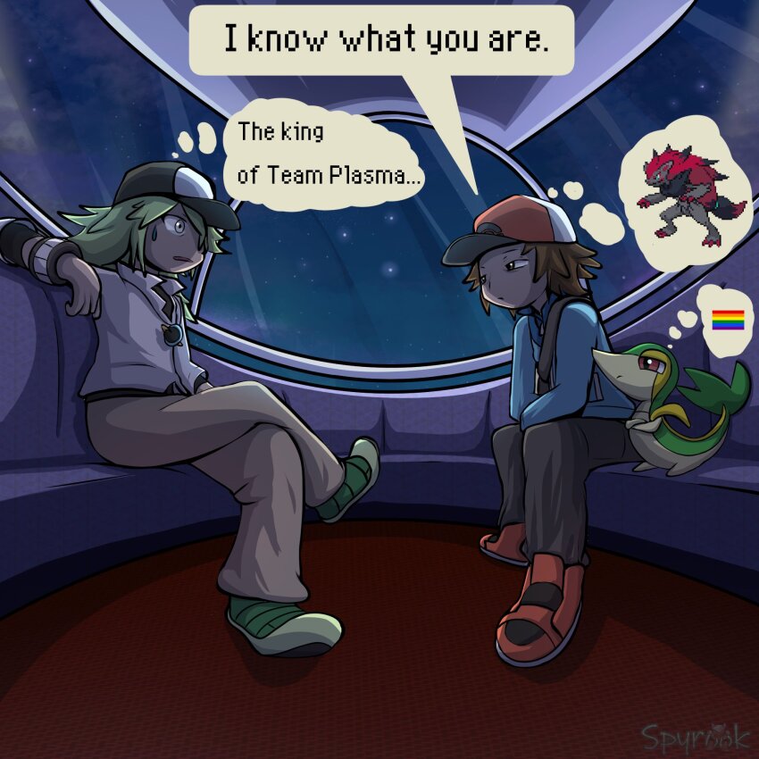 2boys artist_name baseball_cap bracelet brown_eyes brown_hair commentary crossed_legs english_commentary english_text gen_5_pokemon green_hair grey_eyes hat highres hilbert_(pokemon) i_know_what_you_are_(meme) jewelry long_hair male_focus meme multiple_boys n_(pokemon) night night_sky nintendo pokemon pokemon_(creature) pokemon_bw rainbow_flag short_hair sitting sky snivy speech_bubble spyrook thought_bubble zoroark