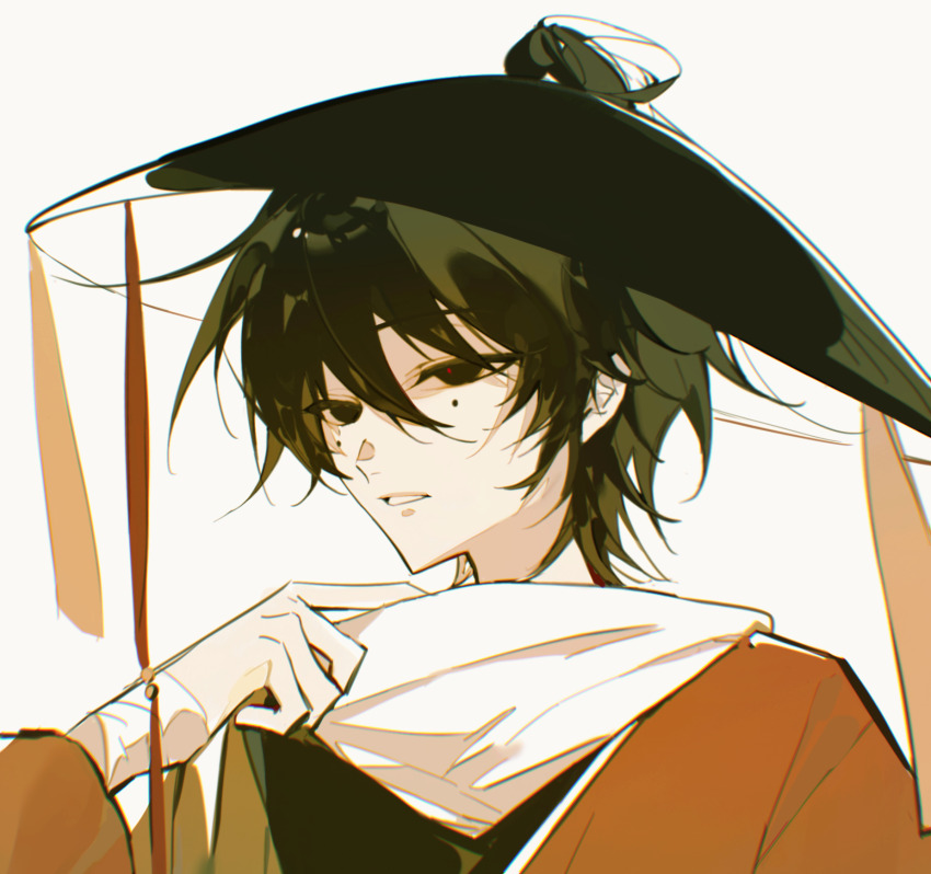1boy ajirogasa black_eyes black_hair black_hat black_vest cen_boyao hair_between_eyes hat helly_(helly56956) highres huayangshan_jishi jacket male_focus mole mole_under_each_eye mole_under_eye multiple_moles open_clothes open_jacket orange_jacket portrait shirt short_hair simple_background solo vest white_background white_shirt