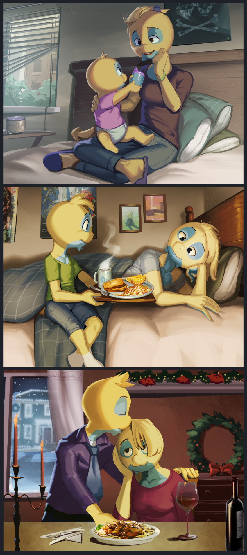 1boy 1girl absurdres alcohol apis baby bedroom blonde_hair child diaper dunsparce furry gen_2_pokemon hetero highres kiss monster_boy monster_girl mother_and_son necktie nintendo pokemon pokemon_(creature) short_hair tail time_lapse wine