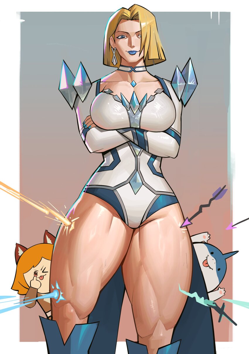 2girls absurdres animal_ears blonde_hair blue_eyes blue_lips boonie_(bonnydada8) breasts dress emma_frost highres ice jeff_(marvel) jewelry large_breasts looking_at_viewer marvel marvel_rivals multiple_girls muscular muscular_female shark short_hair squirrel_ears squirrel_girl squirrel_girl_(marvel) thick_thighs thighs x-men