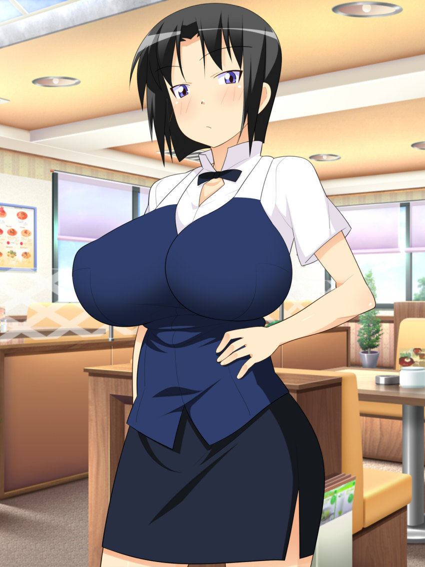 1girl black_bow black_hair blush bow bowtie breasts chair closed_mouth cowboy_shot female_focus groin hand_on_own_hip highres hip_focus huge_breasts indoors legs looking_at_viewer makarou nose_blush pencil_skirt plant purple_eyes restaurant shirafuji_kyouko short_hair skirt solo standing table thighs waitress working!!