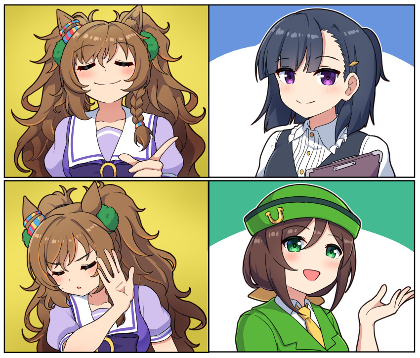 3girls animal_ears black_hair blast_onepiece_(umamusume) breasts brown_hair closed_eyes closed_mouth commentary drakeposting_(meme) hair_ornament hat hayakawa_tazuna highres horse_ears horse_girl kiryuuin_aoi meme multiple_girls portrait school_uniform smile takiki umamusume