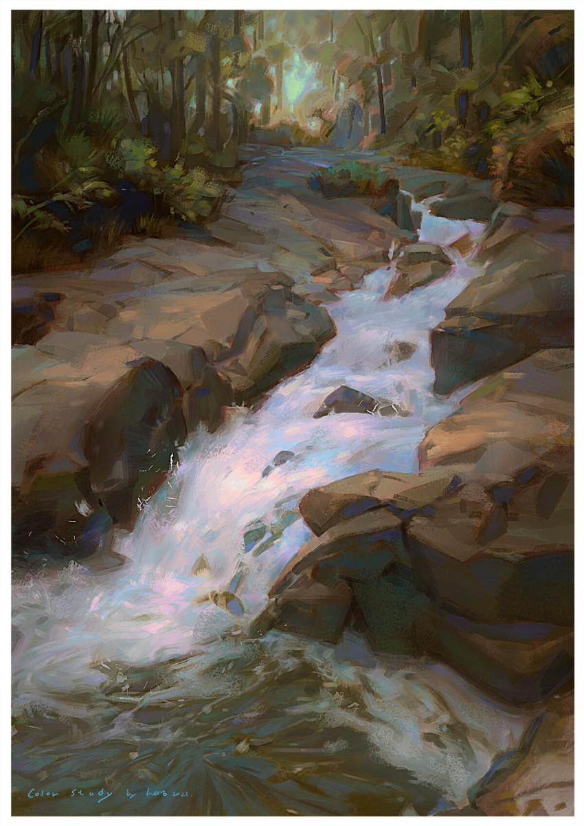 forest highres krenz nature no_humans pastel_colors rock tree valley water