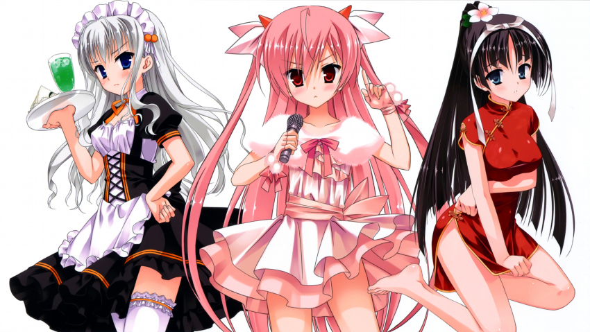 3girls :&lt; absurdres bare_legs barefoot black_hair blue_eyes breasts china_dress chinese_clothes dress feet fingerless_gloves frown gloves hand_on_own_hip hidan_no_aria highres hotogi_shirayuki jeanne_d&#039;arc_(hidan_no_aria) kanzaki_h._aria kobuichi long_hair looking_at_viewer maid_headdress microphone multiple_girls pink_hair pointing pointing_up red_eyes simple_background sitting thighhighs tray twintails very_long_hair waitress wariza white_background white_hair