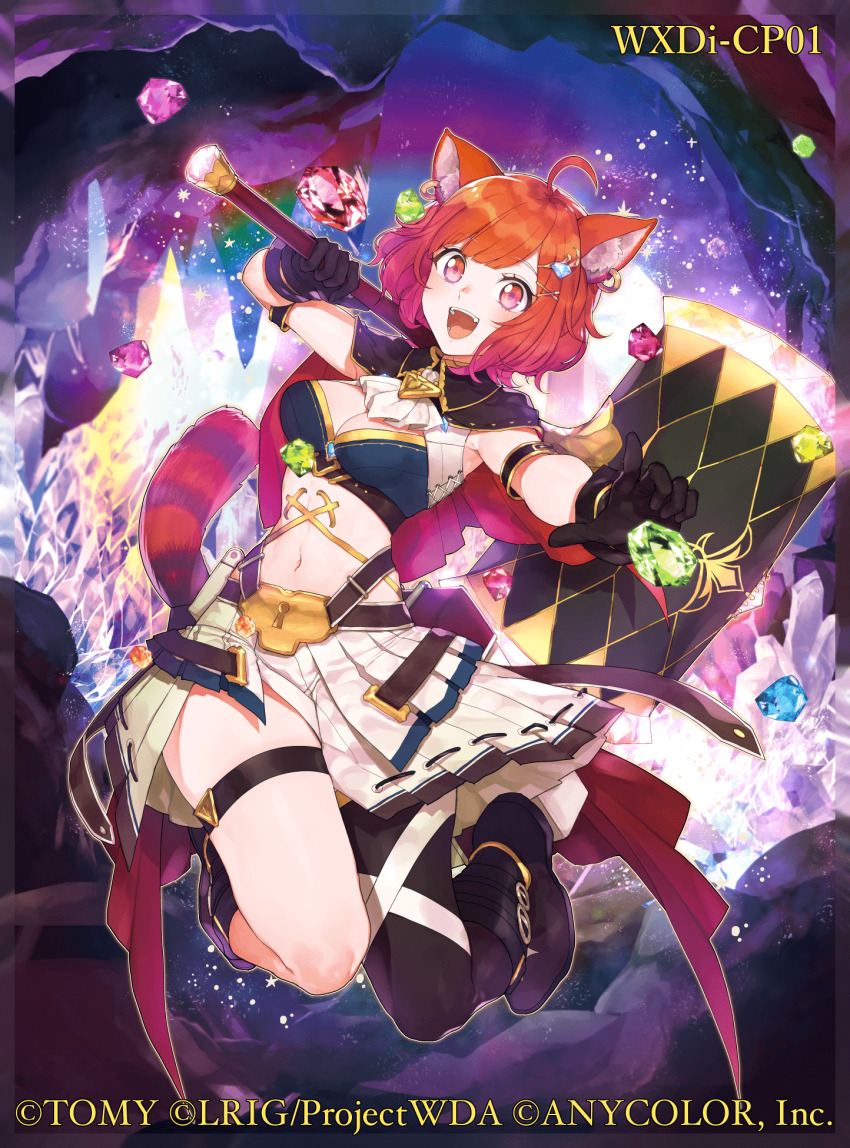 1girl :d ahoge animal_ear_fluff animal_ear_piercing armband armpit_crease ascot belt black_armband black_boots black_capelet black_gloves black_thighhighs blue_gemstone blue_shirt boots border breasts brown_belt capelet cave_interior cleavage cleavage_cutout clothing_cutout commentary_request copyright_notice crop_top crystal full_body gem gem_hair_ornament gloves gold_trim green_gemstone hair_ornament highres hitoto holding holding_mallet huge_weapon index_finger_raised keyhole layered_skirt legs_up light_blush looking_at_viewer mallet medium_breasts miniskirt navel nijisanji official_alternate_costume official_art open_mouth orange_eyes orange_gemstone orange_hair over_shoulder pleated_skirt purple_background purple_gemstone ratna_petit reaching red_capelet red_gemstone red_panda_ears red_panda_girl shirt short_hair single_thighhigh skindentation skirt smile solo teeth thigh_strap thighhighs two-sided_capelet virtual_youtuber weapon weapon_over_shoulder white_ascot white_skirt wixoss x_hair_ornament