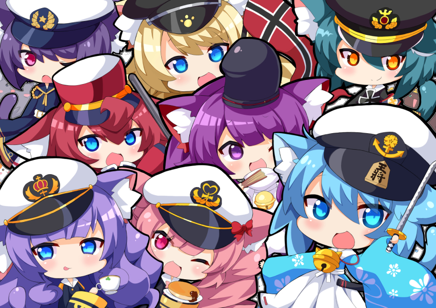 6+girls :q animal_ears antenna_(azur_lane) azur_lane bishamaru_(azur_lane) black_headwear black_jacket blonde_hair blue_eyes blue_hair cat_ears cat_girl cat_tail chibi cross cup folded_fan folding_fan food fukamiki_kei gold_trim green_hair hand_fan hat holding holding_cup holding_fan holding_sword holding_weapon iron_cross jacket justice_(azur_lane) katana lime_(azur_lane) long_hair looking_at_viewer meowfficer_(azur_lane) military military_hat military_uniform multiple_girls one_eye_closed open_mouth orange_eyes oscar_(azur_lane) pancake peaked_cap pink_eyes pink_hair pound_(azur_lane) purple_eyes purple_hair red_eyes red_hair red_headwear red_jacket steel_(azur_lane) sword tail takemaru_(azur_lane) teacup tongue tongue_out unsheathed weapon white_headwear