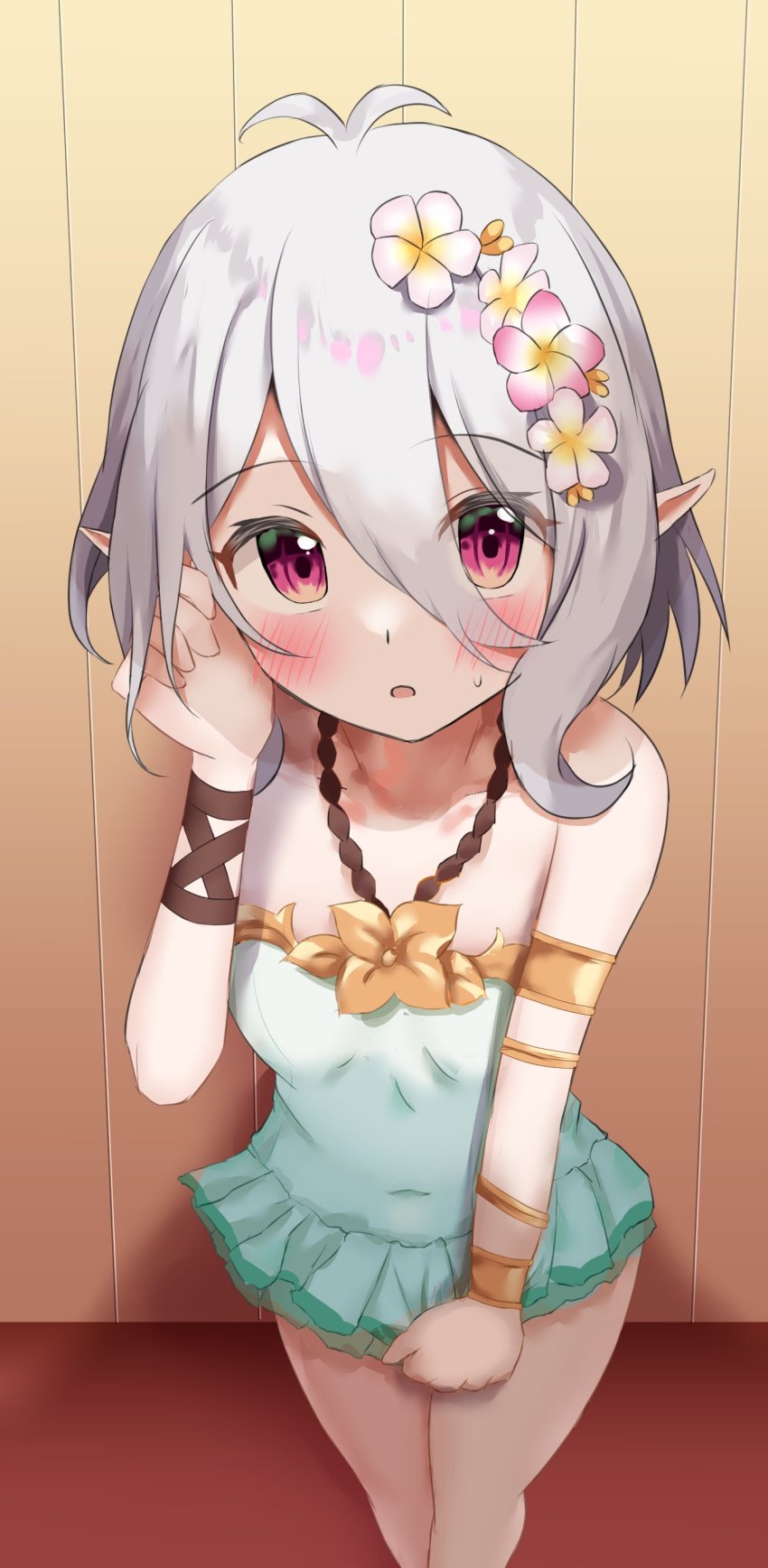 1girl absurdres ashinagi_(bijutu1) blush breasts elf flower hair_ornament highres kokkoro_(princess_connect!) looking_at_viewer open_mouth pointy_ears princess_connect! red_eyes small_breasts swimsuit white_hair