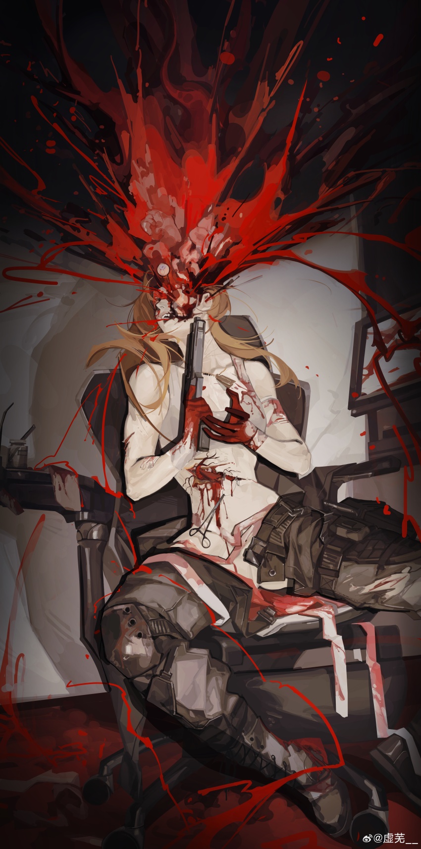 1girl absurdres blonde_hair blood blood_on_face brain death dying firing gun guro highres holding holding_gun holding_weapon imminent_suicide incredibly_absurdres long_hair monochrome nude red_hair selfie sin_node solo suicide weapon