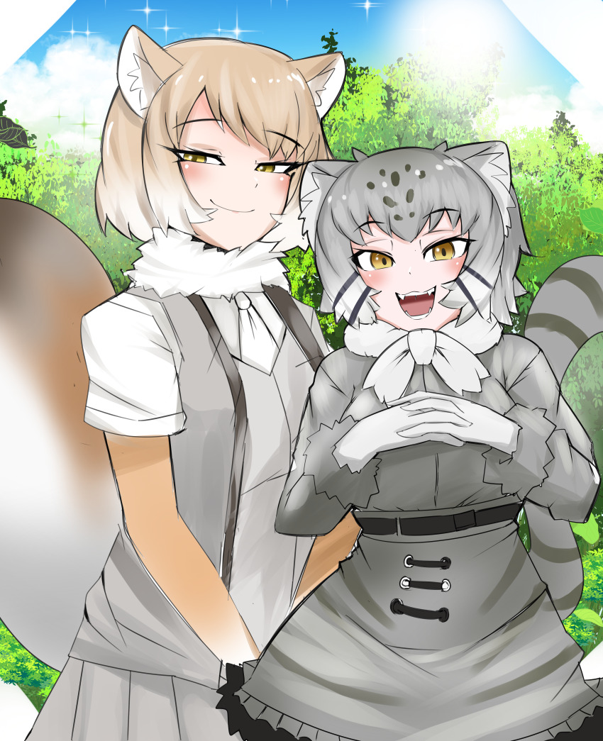 2girls absurdres animal_ear_fluff animal_ears belt black_hair blush brown_hair cat_ears cat_girl cat_tail closed_mouth day elbow_gloves fangs fox_ears fox_girl fox_tail fur-trimmed_sleeves fur_collar fur_trim gloves grey_hair hands_up height_difference high-waist_skirt highres kemono_friends light_brown_hair long_eyelashes long_sleeves looking_at_viewer multicolored_hair multiple_girls nanoder necktie open_clothes open_mouth open_vest outdoors own_hands_together pallas&#039;s_cat_(kemono_friends) parted_bangs pleated_skirt shirt shirt_tucked_in short_hair short_sleeves skirt smile sparkle spotted_hair striped_tail tail tibetan_fox_(kemono_friends) two-tone_hair upper_body v_arms vest white_hair yellow_eyes