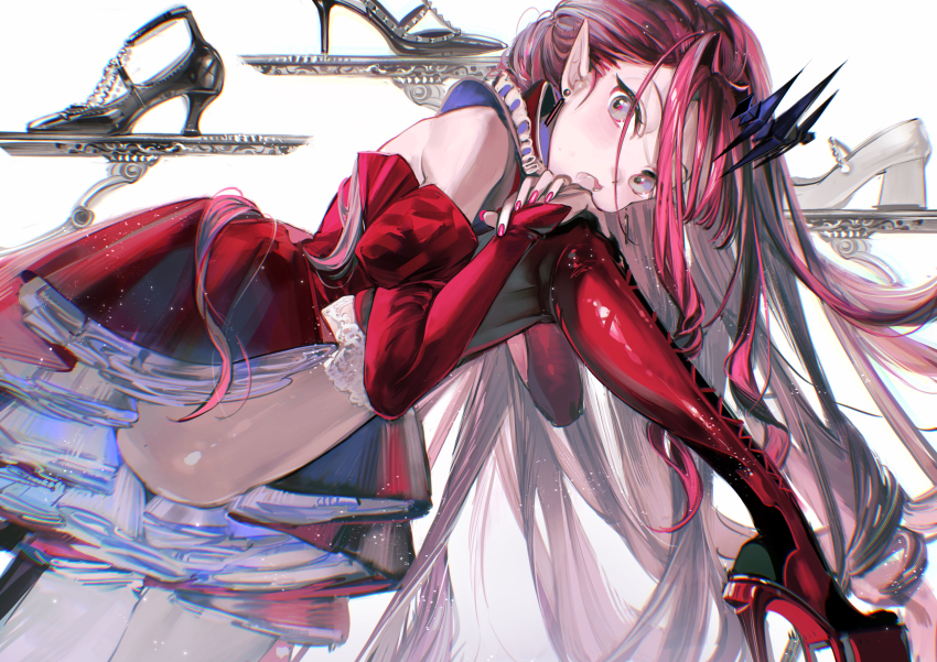 1girl absurdres baobhan_sith_(fate) baobhan_sith_(first_ascension)_(fate) bare_shoulders boots circlet commentary_request crown detached_collar detached_sleeves dress earrings fangs fate/grand_order fate_(series) frilled_dress frills full_body grey_eyes hair_ornament high_heels highres jewelry long_hair looking_at_viewer nail_polish open_mouth pink_nails pointy_ears red_dress red_footwear red_hair red_skirt red_thighhighs rumoon shoes skirt solo thigh_boots thighhighs thighs white_background