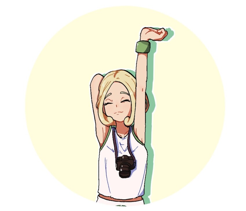1girl 2049_(hh5566) arm_above_head armpits bare_shoulders blonde_hair bracelet breasts camera camera_around_neck clenched_hands collarbone eyelashes facing_viewer female_focus forehead game_freak gym_leader happy jewelry medium_breasts medium_hair midriff_peek neck nintendo pants parted_bangs pokemon pokemon_xy shirt sidelocks simple_background sleeveless sleeveless_shirt smile standing stretching upper_body viola_(pokemon)