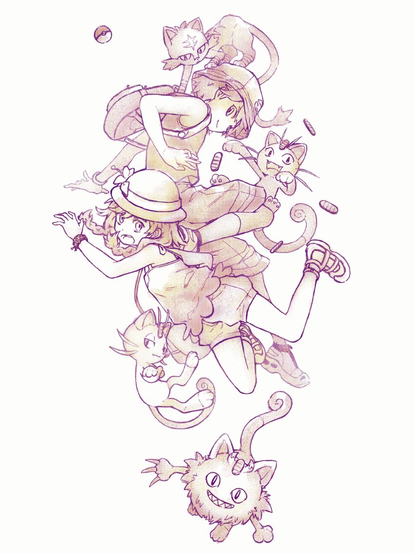 1boy 1girl :o absurdres alolan_form alolan_meowth bare_shoulders braid cat claws elio_(pokemon) fangs full_body galarian_form galarian_meowth gen_7_pokemon gen_8_pokemon greyscale hat highres litten looking_at_viewer monochrome nintendo open_mouth poke_ball pokemon pokemon_(creature) pokemon_usum sandals selene_(pokemon) sharp_teeth shorts simple_background tan_carbonnn teeth twin_braids white_background