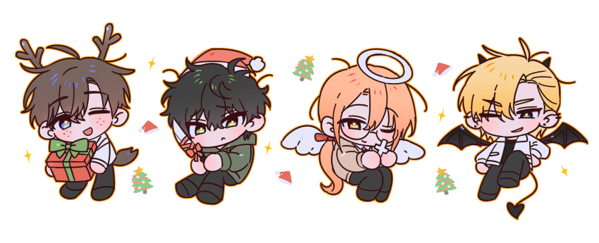 1girl 3boys absurdres blonde_hair box chibi christmas degrees_of_lewdity gift gift_box halo highres horns knife kylar_(degrees_of_lewdity) multiple_boys robin_(degrees_of_lewdity) sydney_(degrees_of_lewdity) tail whitney_(degrees_of_lewdity) wings