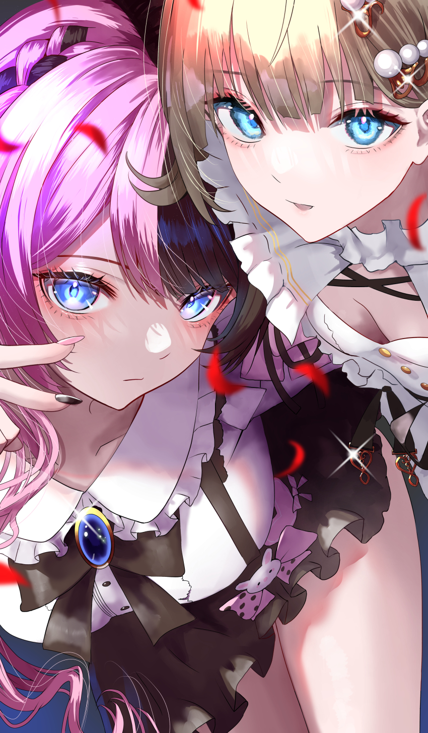 2girls absurdres aqua_eyes bent_over black_bow black_skirt blonde_hair blue_eyes blush bow braid breasts brown_hair cleavage detached_sleeves falling_petals gem hair_ornament hairclip hanabusa_lisa highres large_breasts looking_at_viewer multicolored_hair multiple_girls nail_polish petals pink_hair shirt skirt small_breasts split-color_hair tachibana_hinano v virtual_youtuber vspo! white_shirt yusuke_(shiota)