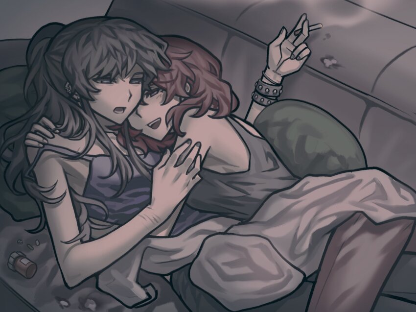 2girls ari_(class_of_09) black_hair black_nails black_tank_top bracelet bugs_bug_me cigarette class_of_09 commentary couch cuddling ear_piercing english_commentary hand_on_another&#039;s_shoulder highres holding holding_cigarette jewelry long_hair multiple_girls nicole_(class_of_09) on_couch open_mouth piercing pill pill_bottle ponytail purple_tank_top red_hair self-harm_scar smile smoking tank_top yuri