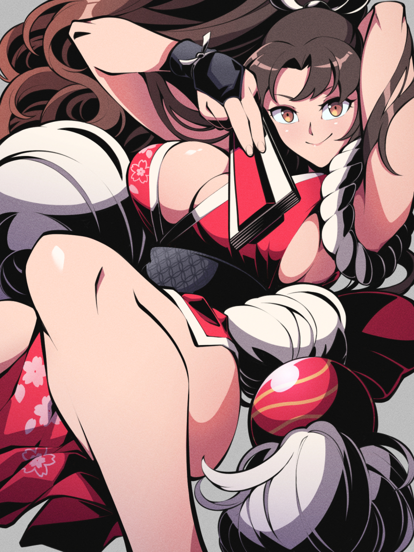 1girl bad_tag breasts brown_eyes brown_hair crossover fatal_fury hand_fan highres holding holding_fan looking_at_viewer pechamaju revealing_clothes shiranui_mai smile solo street_fighter street_fighter_6