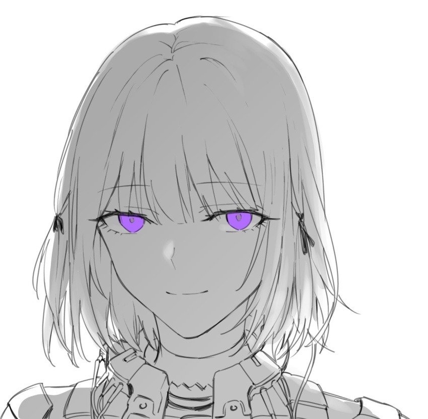 1girl close-up girls&#039;_frontline highres looking_at_viewer monochrome purple_eyes rpk-16_(girls&#039;_frontline) short_hair smile solo spot_color suprii upper_body white_background