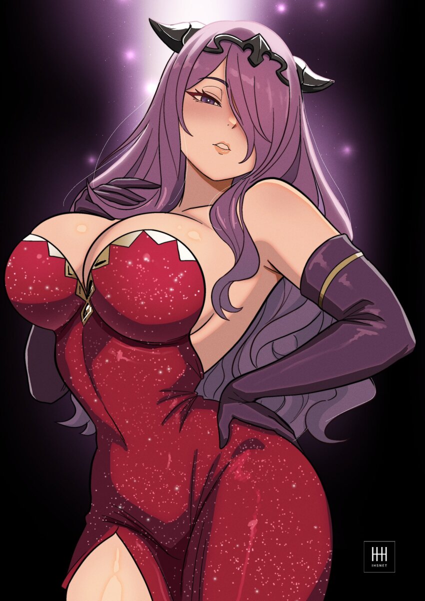 1girl alternate_costume armpit_crease backless_dress backless_outfit breasts camilla_(fire_emblem) cleavage cosplay dress elbow_gloves fake_horns fire_emblem fire_emblem_fates gloves hair_over_one_eye hand_on_own_hip highres horns ihsnet jessica_rabbit jessica_rabbit_(cosplay) large_breasts long_hair looking_at_viewer nintendo parted_lips purple_eyes purple_gloves purple_hair red_dress solo strapless strapless_dress teeth tiara watermark who_framed_roger_rabbit